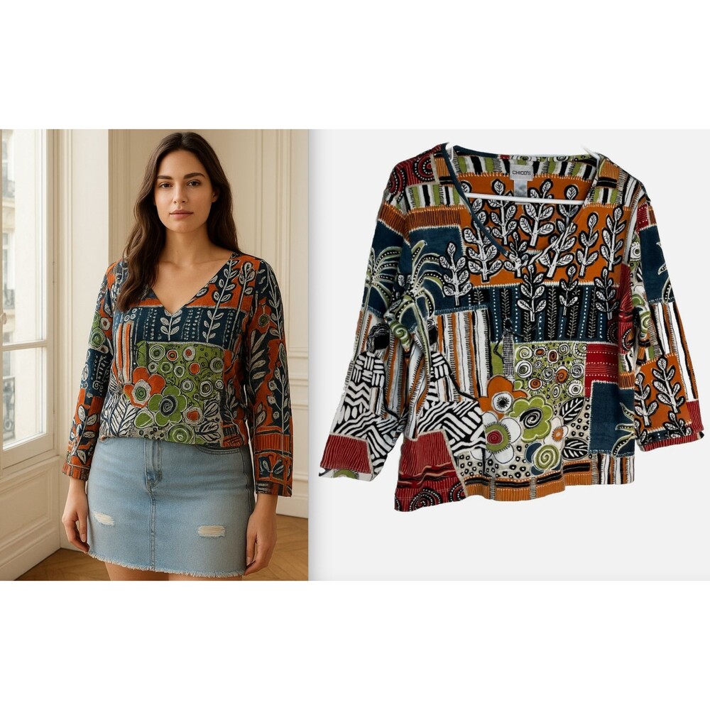 Chicos Painted Art Print Sketch Top  Blouse sz 2 / L (15)